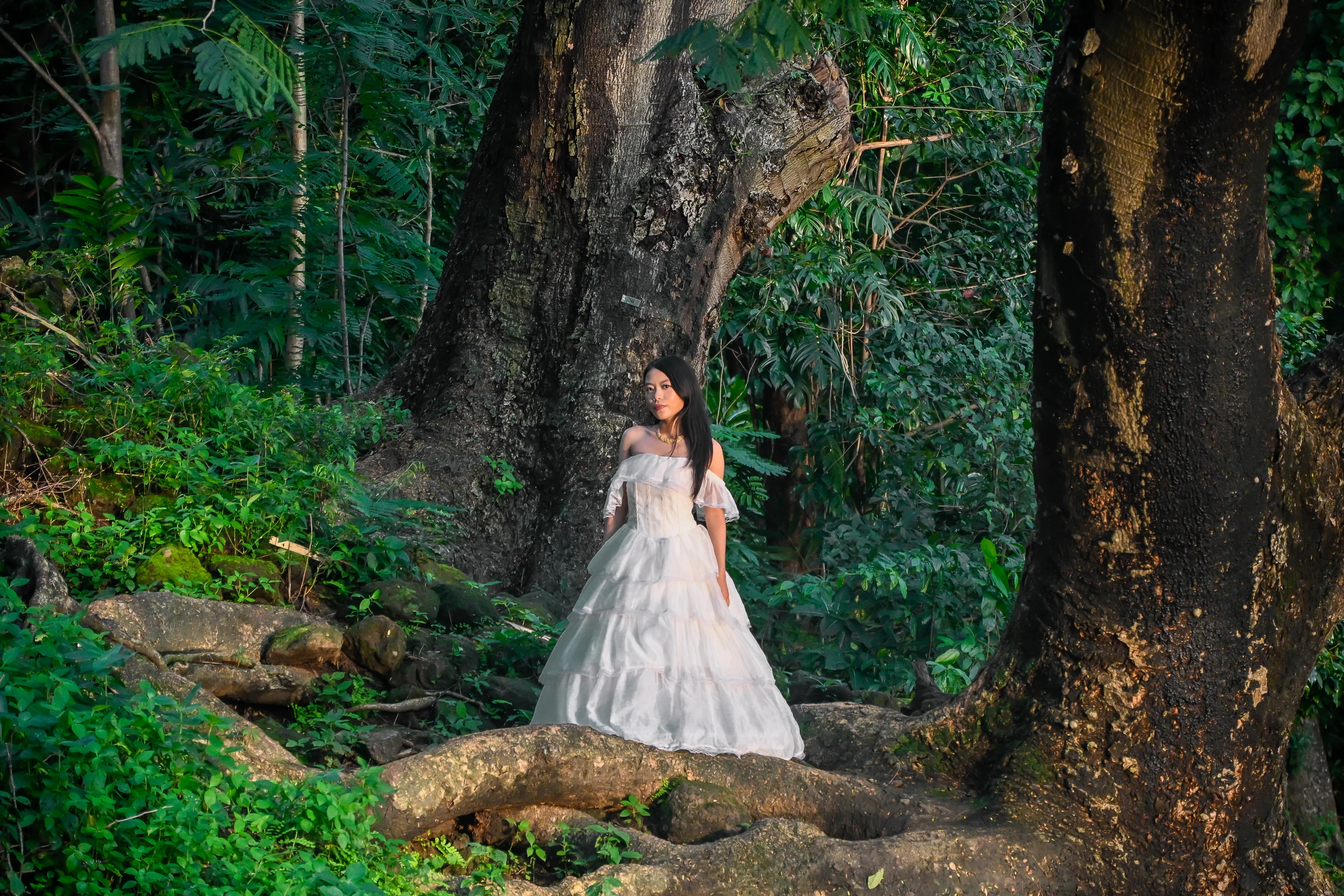 Full-length portrait in a white gown among the exposed roots of a large tree.